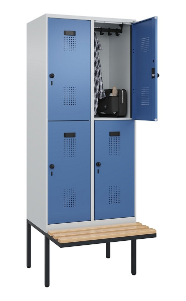 C+P Doppelstock-Spind Evolo PLUS, Bank, 4 Fächer, 2120x800x815mm, 7035/5023, Drehriegel, Sitzfläche Buche-Hartholz, 0493407-22 S10008