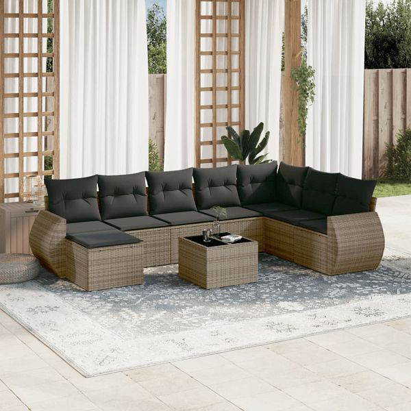 vidaXL 9-tlg. Garten-Sofagarnitur mit Kissen Grau Poly Rattan, 3221769