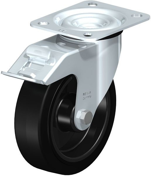 Blickle LE-POEV 125R-FI Stahlblech-Lenkrolle mit Anschraubplatte & Feststeller, Elastik-Vollgummi, Schwarz, 410431