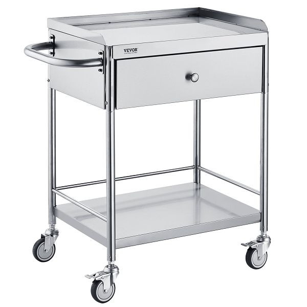 VEVOR Zweistöckiger Laborwagen Gerätewagen 201 Edelstahl Tragbar Abräumwagen mit Schubladen 100 kg Tragfähigkeit, SYSSTCSB20124D3E4V0