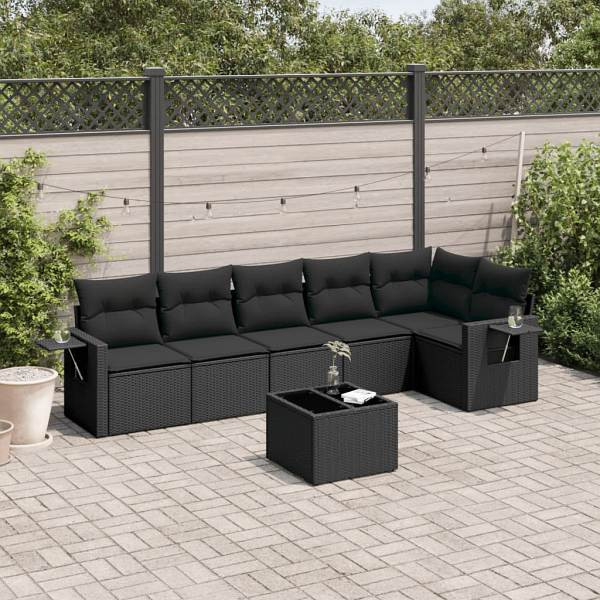 vidaXL 7-tlg. Garten-Sofagarnitur mit Kissen Schwarz Poly Rattan, UV-beständig, 3252532