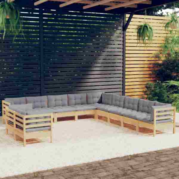 vidaXL 11-tlg. Garten-Lounge-Set mit Grauen Kissen Massivholz Kiefer, 3096922