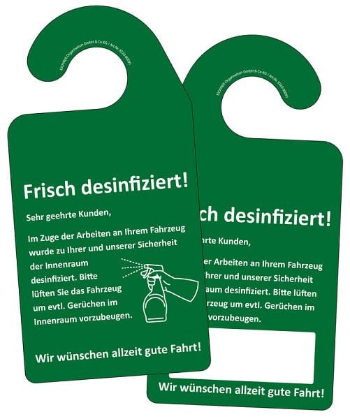 Eichner KFZ-Spiegelanhänger "Frisch desinfiziert!", grün, Pack á 100 Stück, 9220-00091
