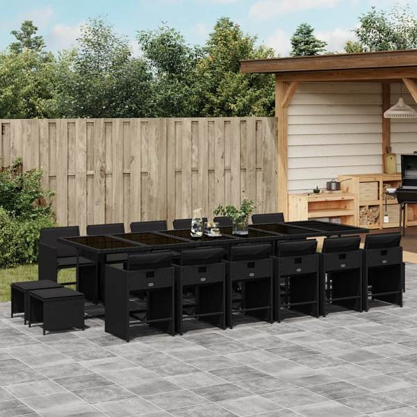 vidaXL 17-tlg. Garten-Essgruppe mit Kissen Schwarz Poly Rattan, UV-beständig, 3277950