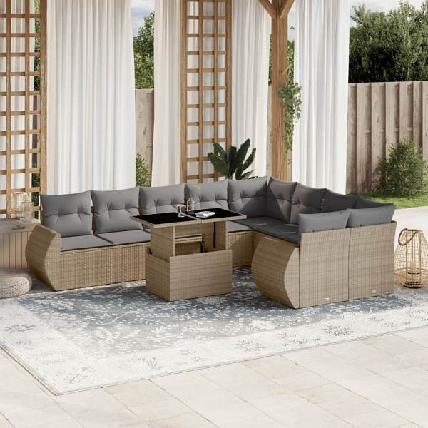 vidaXL 10-tlg. Garten-Sofagarnitur mit Kissen Beige Poly Rattan, UV-beständig, 3268759