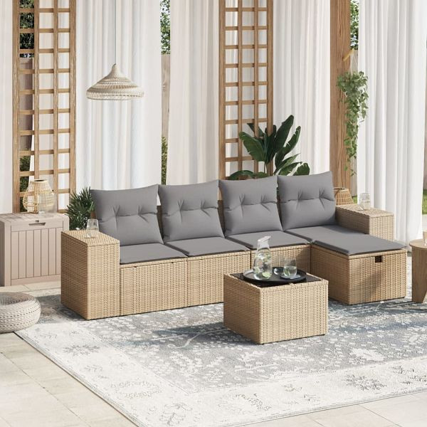 vidaXL 6-teilig Garten-Sofagarnitur mit Kissen Beige Poly Rattan, 3264405