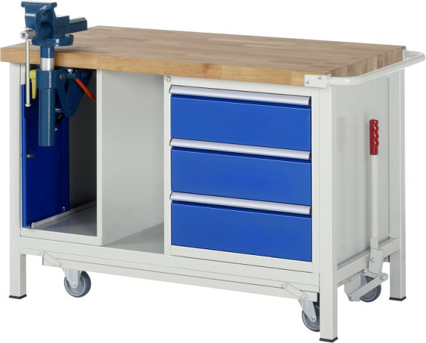 RAU Absenkbare Werkbank 8000 - Modell 8183, B1250 x T700 x H880 mm, mit Schraubstockschrank, Ablageboden unten, 15-8183A6-127B4F.11