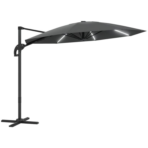 Outsunny Alu Ampelschirm LED Solar Ø300 cm höhenverstellbar Sonnenschirm mit Kurbel Ständer UV50+ Dunkelgrau, 84D-434V00CG
