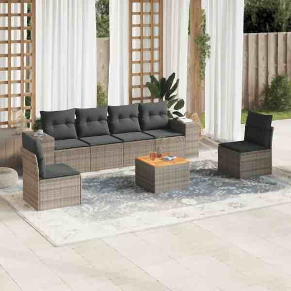 vidaXL 7-tlg. Garten-Sofagarnitur mit Kissen Grau Poly Rattan, UV-beständig, 3257726