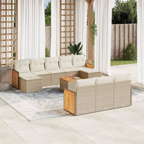 vidaXL 11-teilig Garten-Sofagarnitur mit Kissen Beige Poly Rattan, 3228102