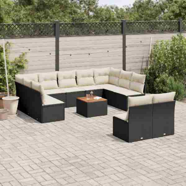 vidaXL 12-tlg. Garten-Sofagarnitur mit Kissen Schwarz Poly Rattan, UV-beständig, 3223886