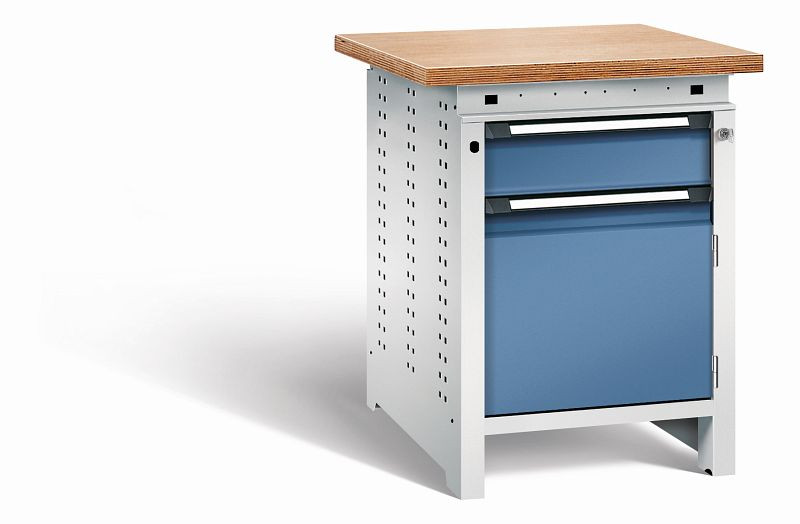 Otto Kind Werkbank Serie function Typ 105, Multiplexplatte 40 mm, überstehend, Unterbau mit Zentralverschluss, Gehäuse RAL 7035, Front RAL 5023, 072322264