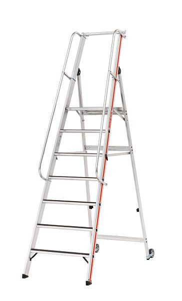 HYMER Plattformleiter R13 mit Kipprollen und langem Handlauf, 7 Stufen, Standhöhe 1,65 m, 868107