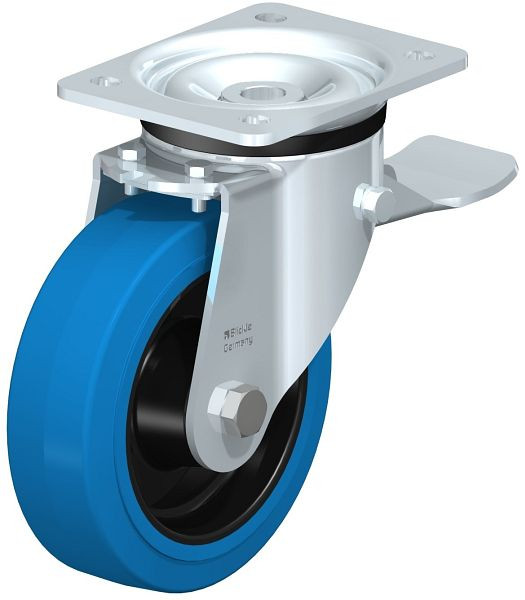 Blickle LK-POEV 160XR-ST-SB Stahlblech-Lenkrolle, schwere Ausführung, mit Anschraubplatte & Feststeller, Elastik-Vollgummi, Blau, 851200