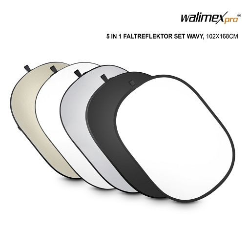 Walimex pro 5in1 Faltreflektor Set wavy, 102x168cm, Farben: transparent/ weiß/ schwarz/ silber/ wavy gold, inkl. Transporttasche, 1017684