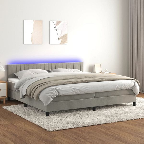 vidaXL Boxspringbett mit Matratze & LED Hellgrau 200x200 cm Samt, 3134543