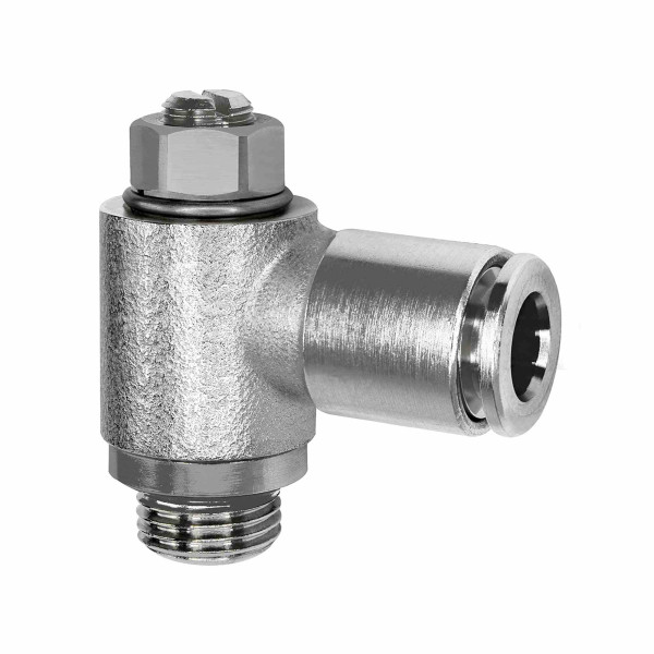 Riegler Drosselrückschlagventil, Zuluft (V), Schlitzschraube, G 1/8, Steckverbindung 8, drehbar, 0 - 10 bar, -20 °C bis 80 °C, Messing vernickelt, 110107