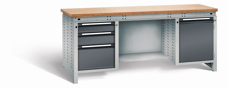 Otto Kind Werkbank Serie function Typ 304, Multiplexplatte 40 mm, bündig, 2x Unterbau + mittleres Feld, Gehäuse RAL 9006, Front RAL 7016, 07235914S