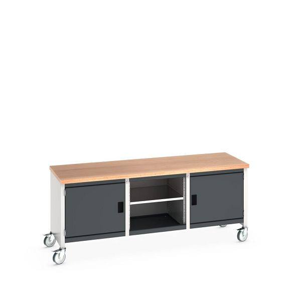 bott cubio Kastenwerkbank mobil, 2 Türen, 3 Ablagen, Multiplex-Arbeitsplatte, BxTxH: 2000x750x840mm, RAL 7035/7016, Anthrazitgrau, 41002118.19V