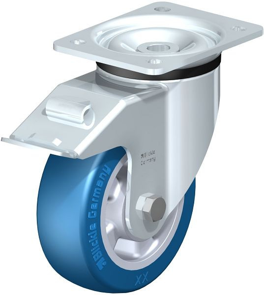 Blickle LK-ALBS 150K-FI Stahlblech-Lenkrolle, schwere Ausführung, mit Anschraubplatte & Feststeller, Blickle Besthane® Soft, Blau, 754764