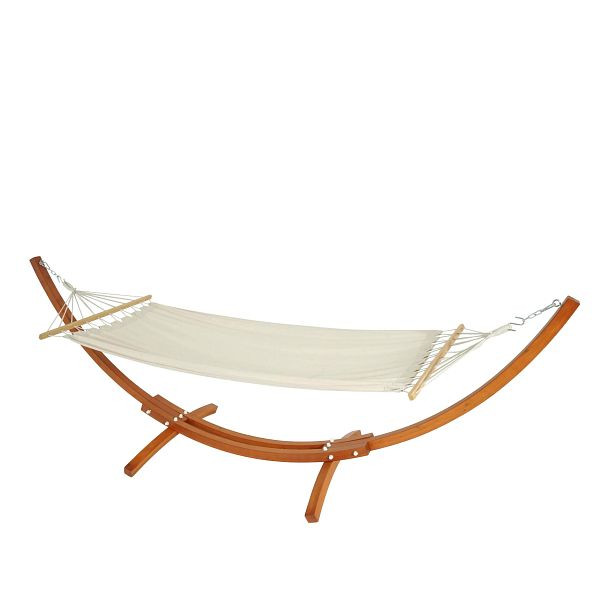 Mendler Hängematte mit Gestell HWC-J46, Hängeschaukel, bis 200kg Holzgestell 320cm, braun, Matte creme-weiß, 80662
