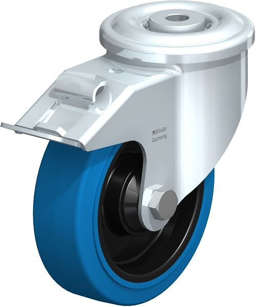 Blickle LKR-POEV 125K-FI-SB Stahlblech-Lenkrolle, schwere Ausführung, mit Rückenloch & Feststeller, Elastik-Vollgummi, Blau, 851546