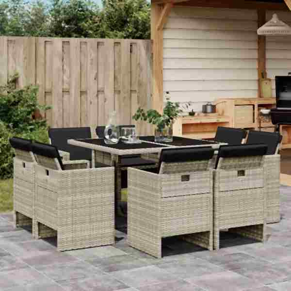 vidaXL 9-tlg. Garten-Essgruppe mit Kissen Hellgrau Poly Rattan, UV-beständig, 3210659