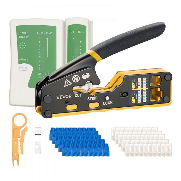 VEVOR Netzwerk Werkzeug Set, RJ45/RJ11/RJ12 Crimpzange, Mini-Abisolierzange, 50 Stecker & Tüllen, Ersatzklingen, Kabeltester, YJQ2822AWG4POKOQC001V0