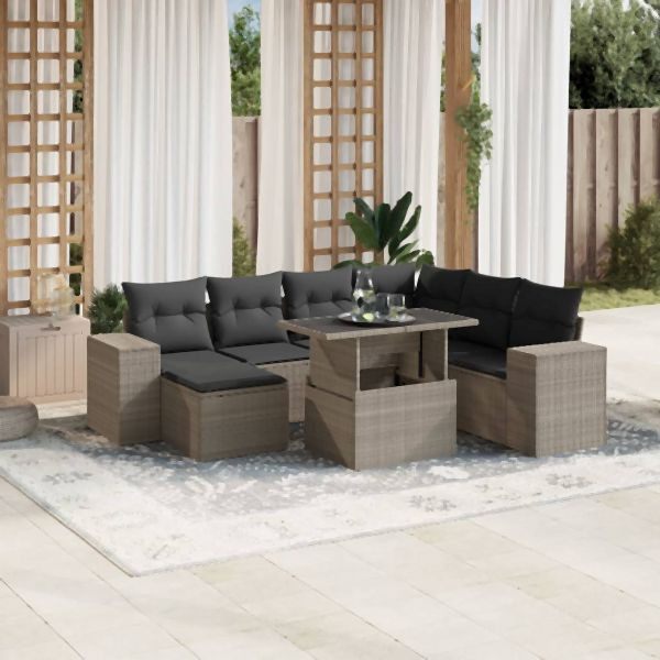 vidaXL 8-tlg. Garten-Sofagarnitur mit Kissen Hellgrau Poly Rattan, 3269332