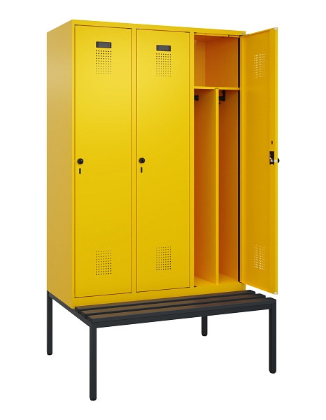 C+P Spind Evolo PLUS, 3 Abteile, 2120x1200x815mm, 1023/1023, Haken 4, Drehriegel, Sitzfläche Kunststoff, Sitzbank, Trennwand, 0490507-32F S10076