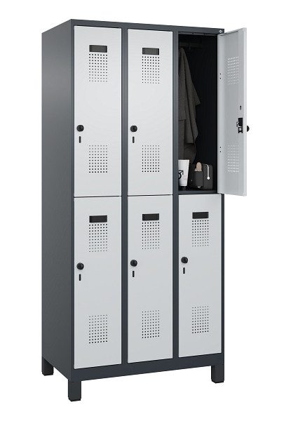 C+P Doppelstöckiger Spind Evolo PLUS, mit Füßen, 6 Fächer, 1950x900x500mm, 7016, Frontfarbe RAL 7035 Lichtgrau, Drehriegel, 049310-30 S10017