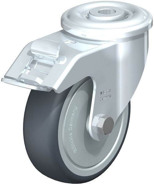 Blickle LER-TPA 102KD-FI-FK Stahlblech-Lenkrolle mit Rückenloch & Feststeller, Thermoplastisches Gummi-Elastomer, Grau, 849891