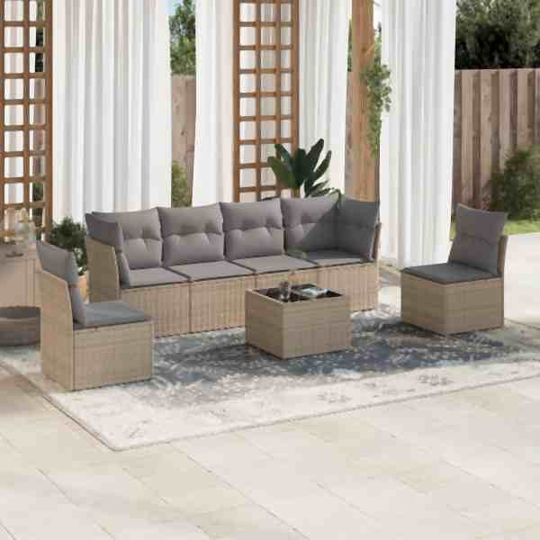 vidaXL 7-tlg. Garten-Sofagarnitur mit Kissen Beige Poly Rattan, UV-beständig, 3249218