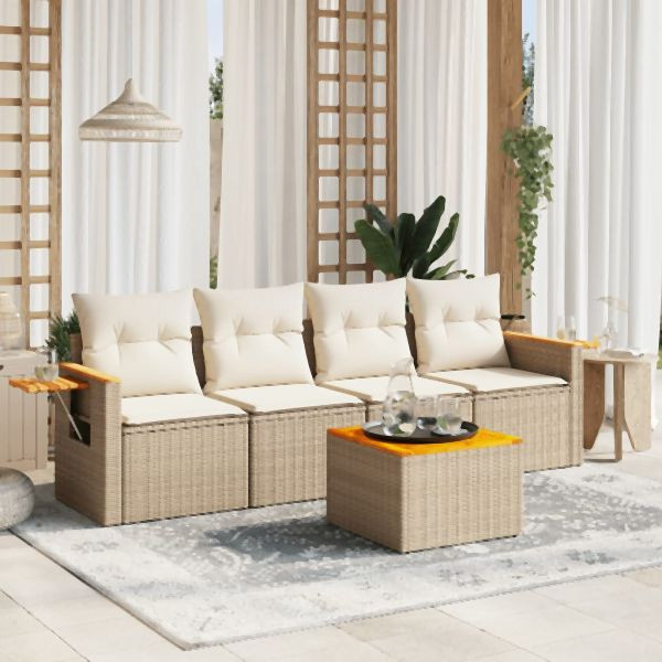 vidaXL 5-tlg. Garten-Sofagarnitur mit Kissen Beige Poly Rattan, 3226618