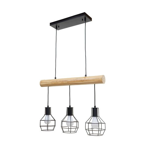 Mendler Pendelleuchte HWC-H83, Hängelampe Hängeleuchte, Industrial Vintage Massiv-Holz Metall schwarz, 3 Gitterlampenschirme, 74207