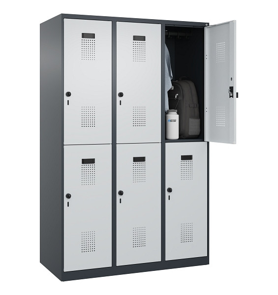 C+P Doppelstöckiger Spind Evolo PLUS, 6 Fächer, 1850x1200x500mm, 7016/7035, Drehriegel, 049300-32 S10017