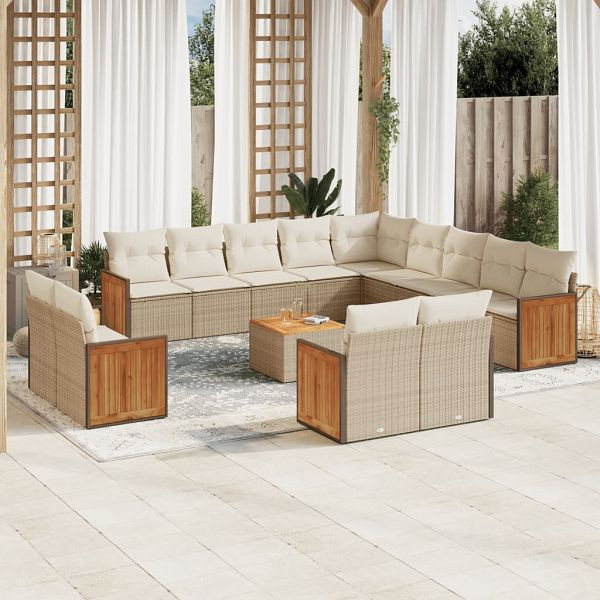 vidaXL 14-teilig Garten-Sofagarnitur mit Kissen Beige Poly Rattan, 3228214