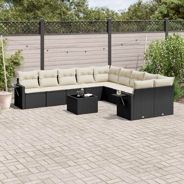 vidaXL 11-tlg. Garten-Sofagarnitur mit Kissen Schwarz Poly Rattan, UV-beständig, 3220715