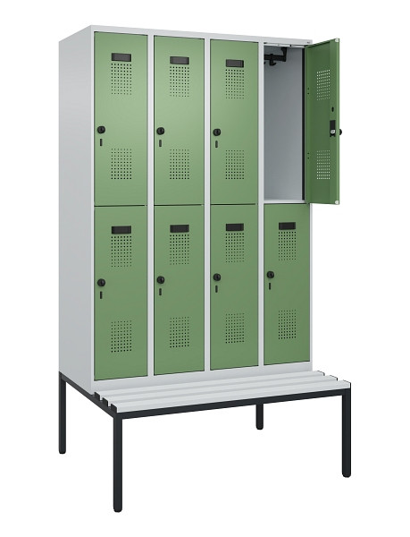 C+P Doppelstock-Spind Evolo PLUS, Bank, 8 Fächer, 2120x1200x815mm, 7035/6011, Drehriegel, Sitzfläche Kunststoff, Sitzbank, 0493507-40 S10091