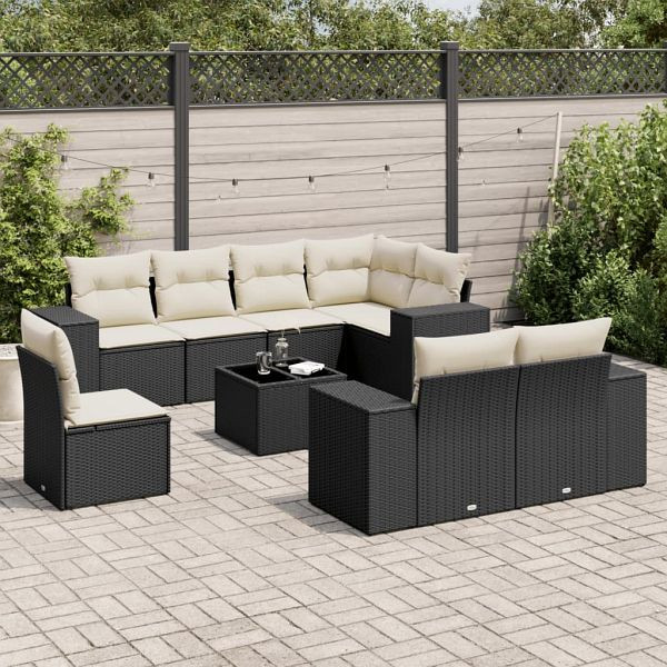 vidaXL 9-teilig Garten-Sofagarnitur mit Kissen Schwarz Poly Rattan, 3222845