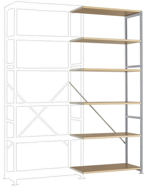Manuflex Mittelschweres Fachboden-Steckregal Anbauregal mit 6 Holzverbundböden, HxBxT = 2500 x 1000 x 300 mm, alusilber, RP1405.9006