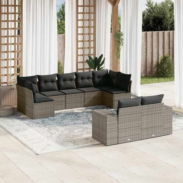 vidaXL 9-teilig Garten-Sofagarnitur mit Kissen Grau Poly Rattan, 3255357