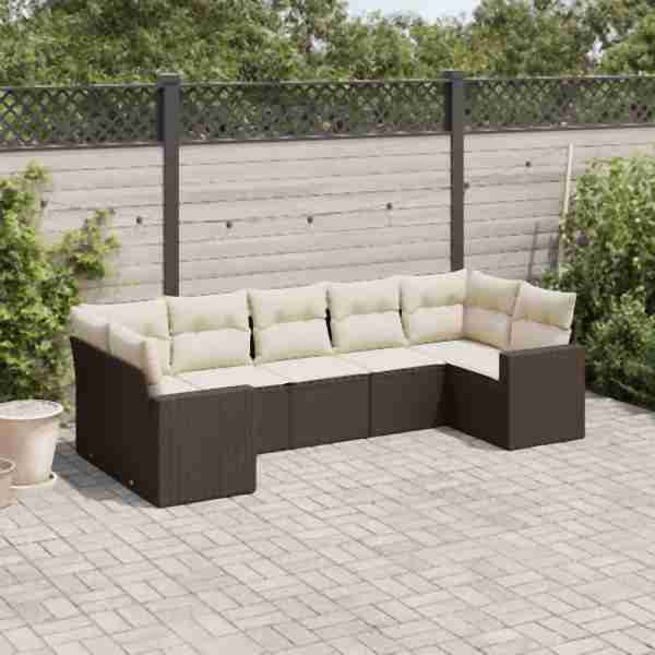 vidaXL 7-tlg. Garten-Sofagarnitur mit Kissen Braun Poly Rattan, UV-beständig, 3251730
