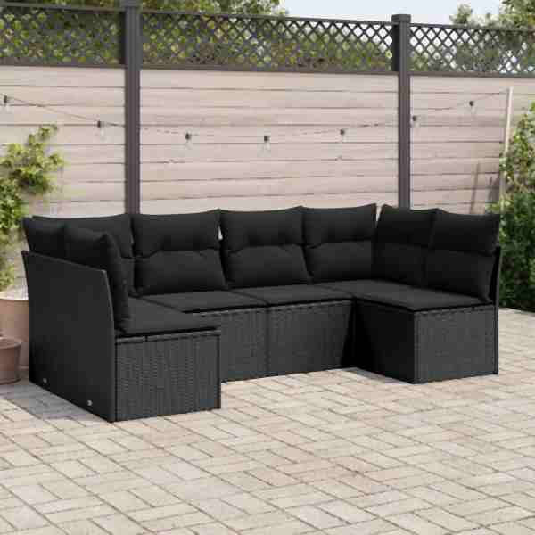 vidaXL 6-tlg. Garten-Sofagarnitur mit Kissen Schwarz Poly Rattan, UV-beständig, 3217385