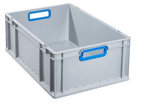 DENIOS classic-line Euro-Stapelbehälter B, blaue Grifföffnungen, PP, 600 x 400 x 220 mm, VE: 4 Stück, 265216