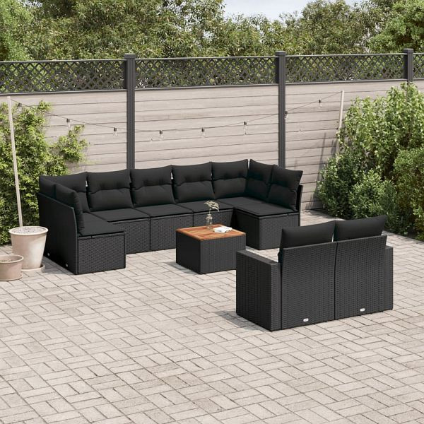 vidaXL 10-teilig Garten-Sofagarnitur mit Kissen Schwarz Poly Rattan, 3256601