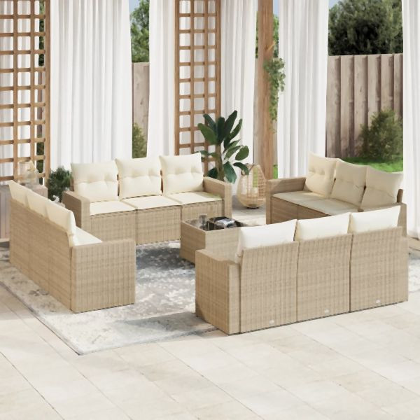 vidaXL 13-tlg. Garten-Sofagarnitur mit Kissen Beige Poly Rattan, 3218768
