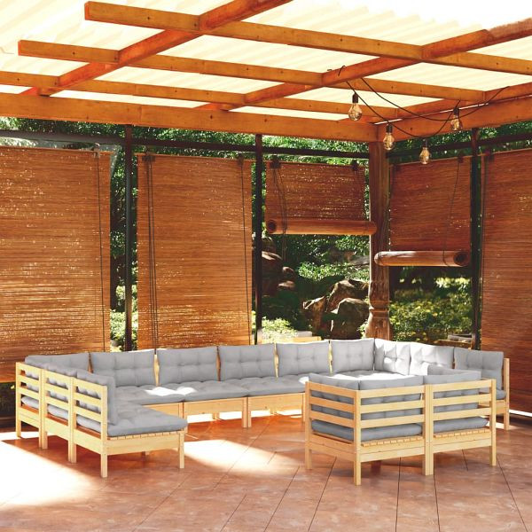 vidaXL 12-teilig Garten-Lounge-Set mit Grauen Kissen Kiefer Massivholz, 3097270