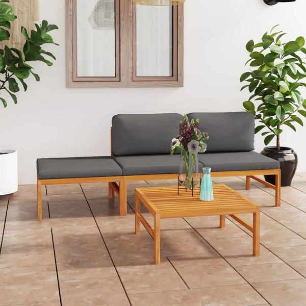vidaXL 4-teilig Garten-Lounge-Set mit Grauen Kissen Massivholz Teak, 3087249