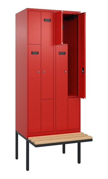 C+P Z-Spind Evolo PLUS, Bank, 4 Fächer, 2120x800x815mm, 3020/3020, Zylinderschloss, Sitzfläche Holz, 0490437-224 S10052